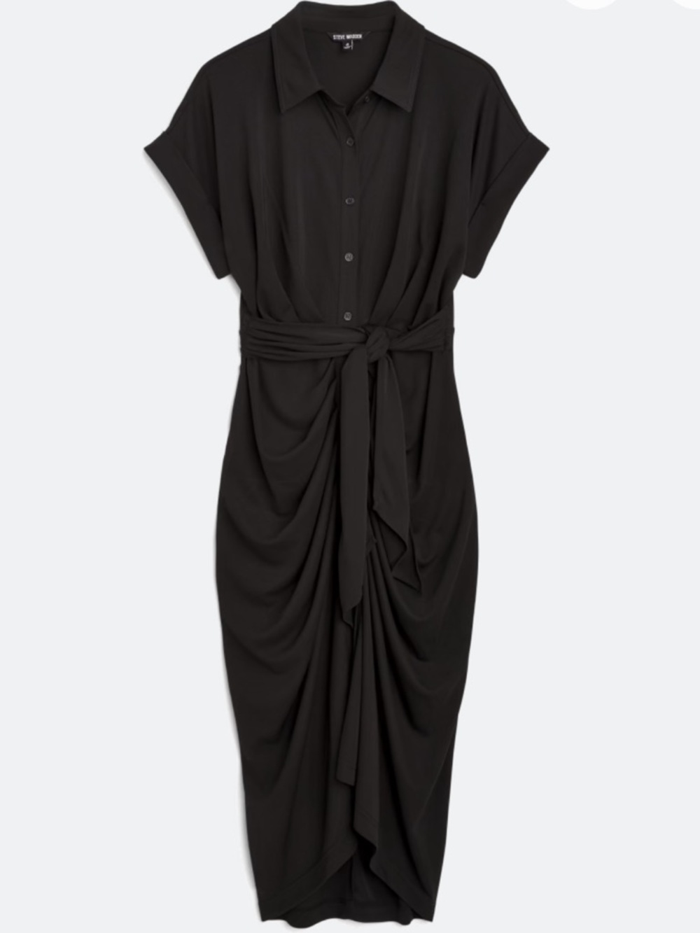 Steve Madden Apparel Tori Dress in Black l Button-Front Tie-Waist Midi Dress